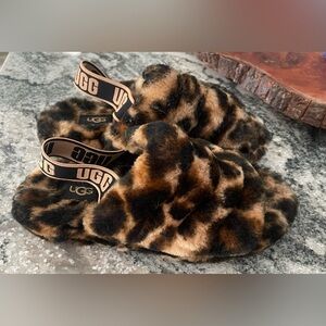 UGG Tan and Black Fluffy Slippers